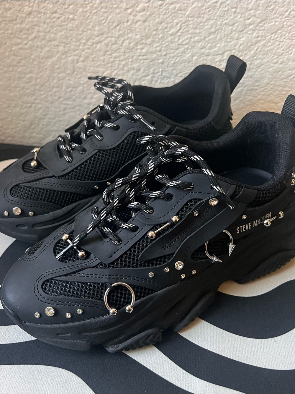 Steve Madden Black Studded Chunky Sneakers with Silver Hardware